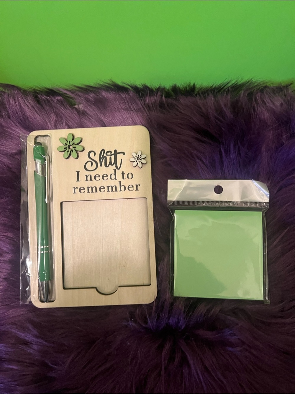 Wooden Note Holder with Green Pen and Green Sticky Notes